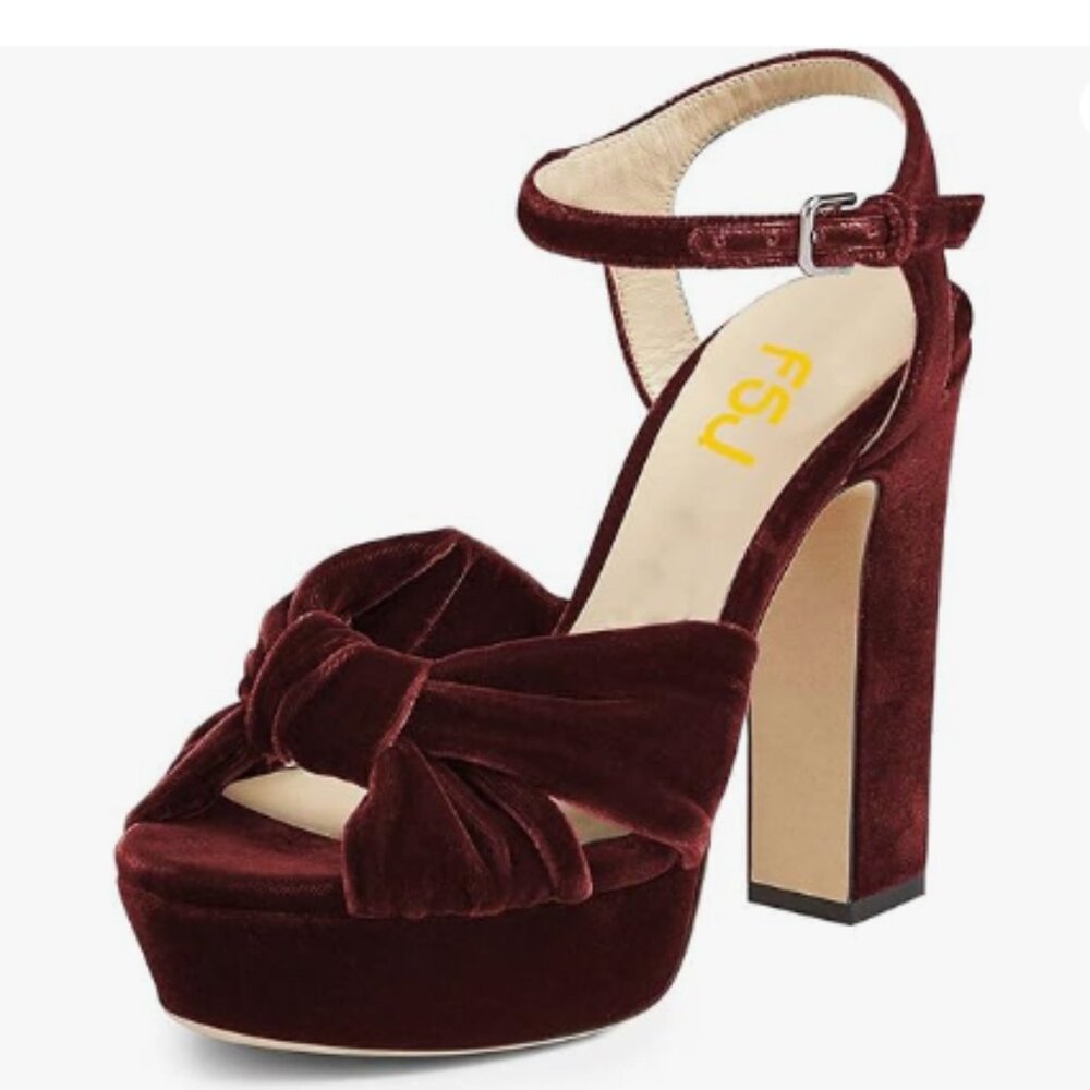 FSJ Velvet Knot Platform Sandals in Deep Wine